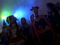 Filthy whores and couple of horny studs make an orgy at Hallowen party. Guys punish all horny tramps, make them blow a cock and fuck. Watch in steamy WTF Pass xxx clip.