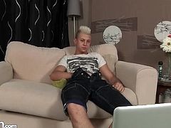 Blonde punk twink strips and strokes to porn