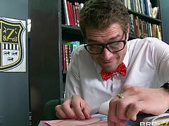 Nerd Xander is studying when the Jock and his cheerleader girlfriend interrupt and humiliate him. The sexy babe rubs her ass in his face. Once they leave he jerks off to a porno mag and is caught by the big breasted blonde teacher who makes him eat her cunt out.