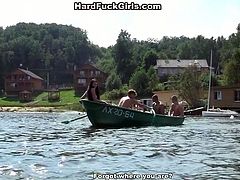 Fit dark haired chick goes on a boat ride with three guys and ends up with MMMF foursome, getting her pussy fucked really good.
