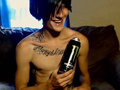 A sweet brunette fairy is having fun in his living room. He lubricates his dick and then masturbates it ardently till it explodes with jizz.