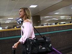 Kennedy arrives to an airport. She is tired and wants to have a rest. But this girl is so naughty that finds the time to show and fondle her boobs.