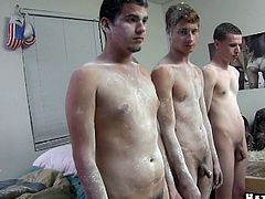 Three new students are tested by seniors. Three freshmen gets covered in flour and then watered in the bathroom. They get fucked in their mouths and asses.