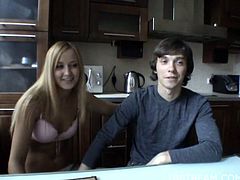 Sexy blonde teen reveals her slutty side in the kitchen as she gets her pussy fucked on the counter, wanna see?