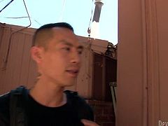 Sexy mamma has got enormous fake boobs. She seduces handsome Asian guy for sex. He takes off her thongs and sticks his tongue to her wet tasty pussy. Thirsty dude eats out soaking pussy.