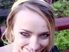 Carmen Callaway is a blonde teen who goes in the neighbor's backyard with her boyfriend and sucks his cock there. They are too horny to leave, so they fuck too.