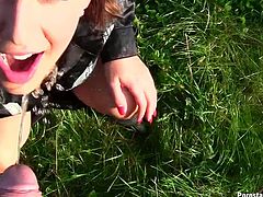Captivating dark haired beauty meets her boyfriend on the green lawn and gladly serve him her tight shaved pussy for an awesome missionary style pounding.