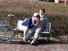 Nurse is taking this dude for a while at the park, sits him on a bench and starts riding his cock. Pretty fuckin' fucked up right?