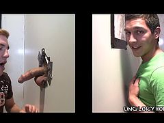 This fucker right here thinks a hot chick awaits at the other end of the gloryhole but it is in fact another dude, check it out right here!