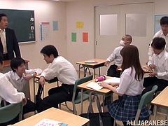 Check out this hardcore scene where the slutty Rui Tsukimoto is fucked by one of her horny classmates after class is over.