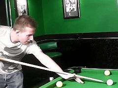 This British fatty was supposed to teach this guy how to play pool, but instead she dressed slutty and seduced him into fucking her. She started with a blowjob.