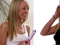 Wanna see a young lesbian couple in intimacy? The camera records every private kinky detail, even the silly ones. Both girls are blonde and have small tits. They gently undress, kiss and make themselves comfortable on the sofa. A pink dildo stands for a nice present. See how much the girl appreciated the gift!