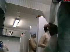 A hidden cam from a public shower room records mature women naked and washing. They chat with each other and have no idea about the spy camera watching them.