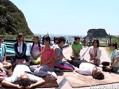 Before this group of sexy Japanese ladies get into the warm water they have to show off their blowjob skills. They have their men lay down on the deck and then get to work on sucking as a crowd forms around them.