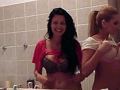 Two hotties Aleska Diamond and Aletta Ocean feeling bored at home decide to go crazy with some other girls, showing off their asses and nice boobs to each other in the bathroom