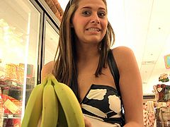 A pleasurable solo model goes outside with a banana in her hands. She shows off her boobs and pussy in the street. Patricia also licks the banana and starts to push it in her pussy.