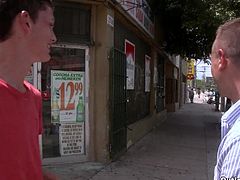 Horny queers Zac Moore and John Jammen are having fun in the street. The twink lets the gay daddy suck his wang and they bang in the cowboy position afterwards.