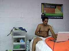 He came back to his dorm, stripped down and watched some hot porn on his laptop while stroking his hard cock until he came.