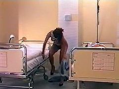 Dark haired lusty wifey in sexy black stockings starved for sex and came to please her man right in hospital at late night. She sucked his penis ardently and the bounced on his cock hard. Look at that hot fuck in The Classic porn sex clip!