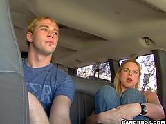 After driving around with a topless girl this guy finds what he wants when they pick up another guy and the guys fuck in the van.