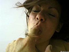 lusty brunette chick rims anus and blows big cock on a pov camera. Then she jerks off his dick and rides it. Her crazy saggy tits bounce in front of your face.