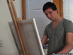 These young painters asked for a nude model and an attractive granny showed up. They started jerking off their dicks and finally spit roasted her old holes.