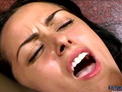 Glorious raven haired babe Asia Morante moans with joy getting her pink gaping asshole fucked by big dick. Dude jerks off his junk and cums all over cutie's face and mouth.