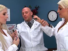 Lucky doctor Johnny Sins gets some special oral treatment from his two amazingly hot blonde nurses and drills their hot little pussies.