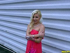 Slutty blonde Alex shows her small flabby tits to a guy and gives him a blowjob. Then they fuck in the missionary position and doggy style and Alex moans sweetly with pleasure.