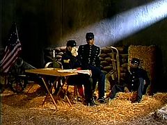 Black muscular gay dudes in uniform sucking horny stud huge hard cock in a wild gay threesome hardcore session in the barn.