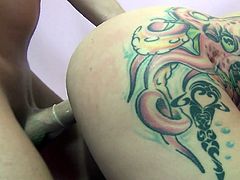 Two amazing tattooed brunettes favour each other with cunnilingus and get horny. Then they show their cock-sucking skills to a guy and welcome his schlong in their hot depths.