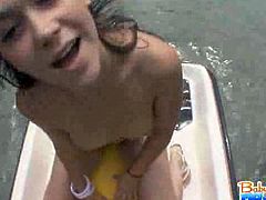 See the hot brunette babysitter Kandi Milan giving her man a hell of a blowjob in this sexy vid. The hot teen loves flaunting her body by the river before getting even nastier.