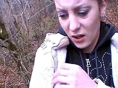 Attractive brunette Nicky is having fun with her BF Markus in the forest. The cutie gives a blowjob to the dude and lets him pound her snatch doggy style.