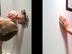 Check out this gay gloryhole scene where this horny twink sucks on this muscular guy's thick cock as it poked out of the wall.