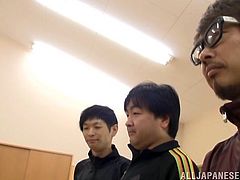 A few Japanese girls, wearing sport clothes, are getting naughty in a gym. One of the chicks shows her body to the coach and pleases herself with fingering right there.