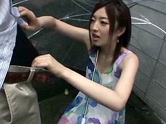 Cock-hungry Asian slut Miki Yoshimura is having fun with a guy outdoors. She sucks and rubs his weiner ardently and soon manages to milk it dry on her hands.