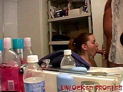 Watch this hot solo scene where this sexy babe sucks on her man's hard cock in the bathroom until he cums in her mouth.