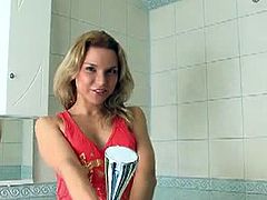 Blond Russian babe gives us a unforgettable video of her sexy ass spreading and hot rough pussy rubbing orgasm. She is in the bathroom and is just about to cum.