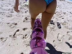 Mandy is a cute girl, who is having a fun time frolicking in the sand, on the beach. I went over, to talk to her and invited her, to come back to my beach house. I take out a big sex toy, when we arrive home and she gets it in her mouth and butt.