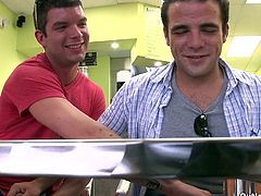 Gay studs go hard at it in a restaurant kitchen as they suck on each other's hard cocks and drill their yummy little assholes.