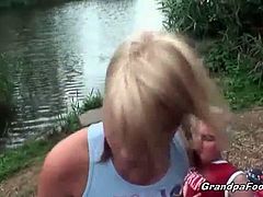 This blonde teen is the hottest babe you will ever see. She enjoys it a lot to ride this old perverted guy's big dick and she is just about to cum like never before!