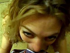 Whorable blond haired slut Railee Dean stands on her knees and goves her boyfriend nice deepthtoat and handjob in POV video.