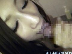 Take a look at Hikari Matsush's big natural tits in this hot POV where this Asian slut sucks this guy's thick cock in a public restroom.