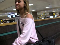 Take a look at this public solo scene and get a load of this gorgeous blonde teen's natural breasts as she flashes them in and out of the car.