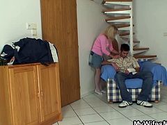 Old granny is taking the opportunity of her daughter's boyfriend being alone in the house. She seduces him by blowing his dong making it hard for her to ride in the sofa.