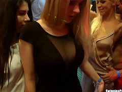 Naughty party chicks fuck and suck in club orgy