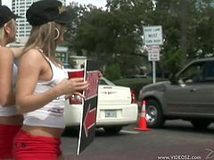 Make sure you have a look at this hot scene where these sexy ladies wears very provocative outfits out in public while drinking and having fun.