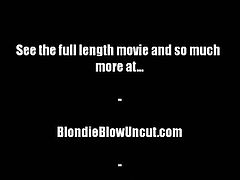 This blonde wears red heels, red stockings, red lingerie and a red bandanna on her blonde hair. She blows a guy's uncut dick and lets him fuck her face too.
