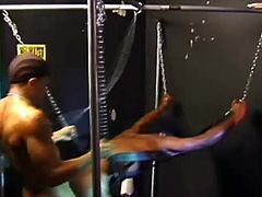 Things take a kinky turn as two black guys get into the dungeon and use some whips and chains for a little pain as they fuck.
