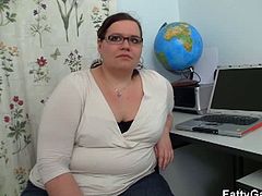 This obese chick with glasses was waiting for this skinny guy in his room. She grabbed his dick and slurped on it before he spooned her really fat cunt on the floor.
